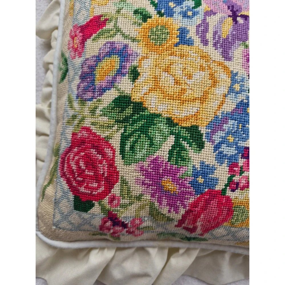Vintage Floral Needlepoint Throw Pillow Cream Ruffled Edge Cottagecore 11x11